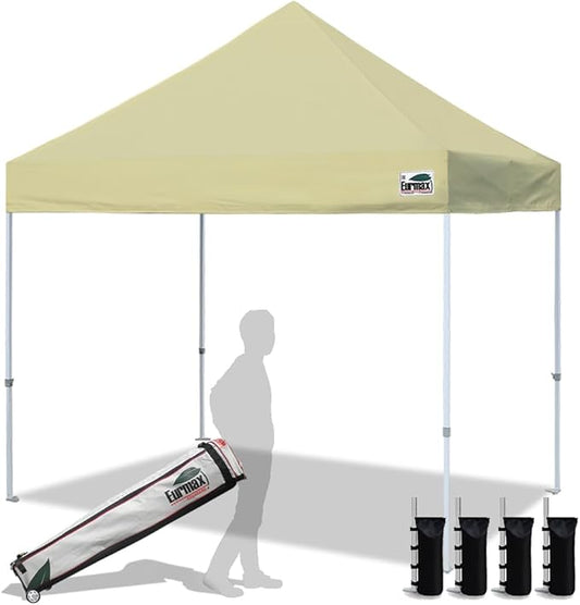 Eurmax USA Standard 10x10ft Patio Pop Up Canopy Tent for Outdoor Events Commercial Instant Canopies with Heavy Duty Roller Bag,Bonus 4 Canopy Sand Bags(Beige)
