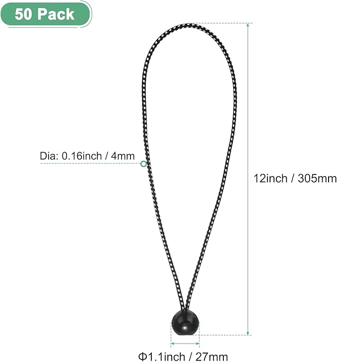 50-Pack Ball Bungee Cords, 12 Inch High Elastic Canopy Tarp Tie Down Bungee Balls for Camping/Tent/Cargo Holding Wire Hoses/Patio Umbrellas/Shelter [Black White]