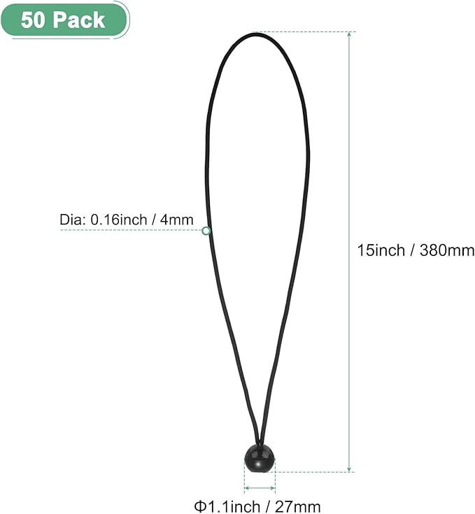 50-Pack Ball Bungee Cords, 15 Inch High Elastic Canopy Tarp Tie Down Bungee Balls for Camping/Tent/Cargo Holding Wire Hoses/Patio Umbrellas/Shelter [Black]