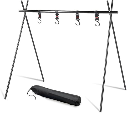 Foldable Tripod Camping Hanging Rack - 4 Hooks Outdoor Cookware Storage Portable, Outdoor Camping Folding Rack