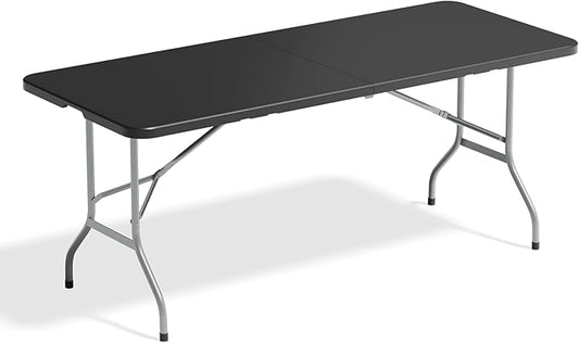 72' Folding Table, Collapsible Camping Table, Rectangular Picnic Table with Steel Frame, Stable Legs Design, Easy Carry and Storage, Plastic Outdoor Folding Tables for Indoor Outdoor, Black