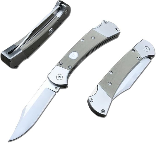push button assisted opening Folding Knife,440C Stainless Steel Blade, Backlock G10 Handle with Leather Sheath, EDC Pocket Knives for Men (Khaki)