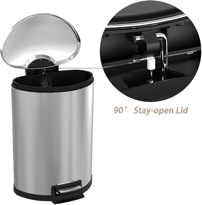 Trash Can with Lid - Assembled in USA 55 Liter/14.5 Gallon Stainless Steel Trash Can with Odor Protection Kitchen Garbage cans with Soft-Close Foot Pedal for Bathroom Home Office