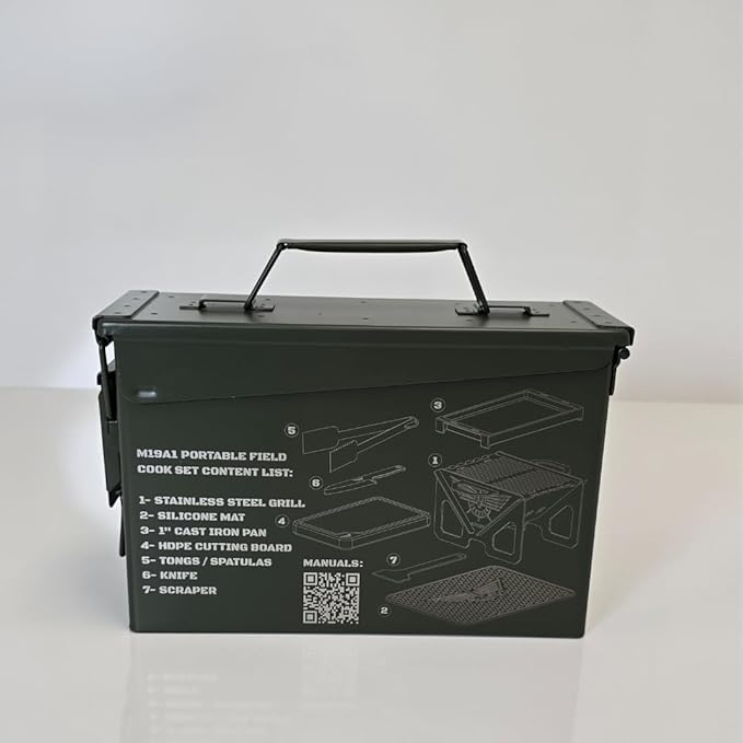 Ammo Can Grill – Field Cook Set | Portable Charcoal Grill Kit with 1" Cast Iron Pan, Cutting Board, Knife & Tongs | Fits in Ammo Can | Great for Camping, Tailgating, Outdoors