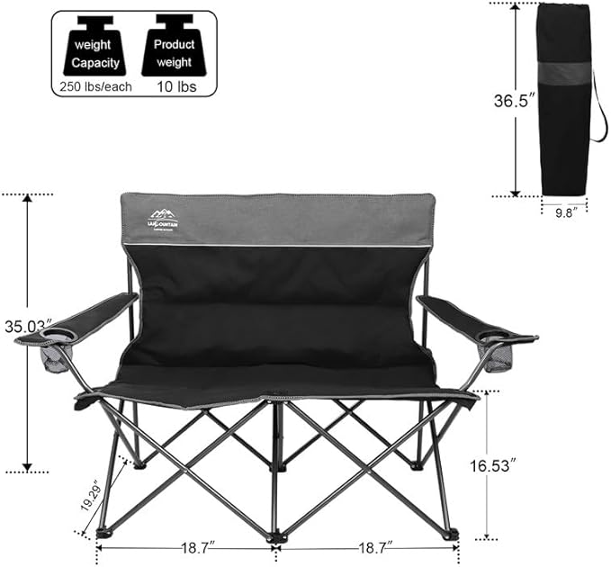 3 Piece Portable Camping Chairs Set,Folding Lawn Chair Set with Cup Holder,Outdoor Heavy Duty Comfy Chairs,Loveseat Chair Perfect for Family Hiking,Picnics and Beach Trips,Black