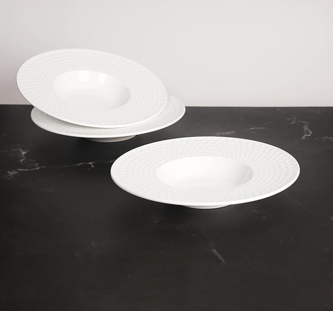 Creative home decor ceramic wide-rimmed soup bowls/plates, 10.5 oz pasta bowl four-piece set, white embossed bowls and plates with rims, ideal for upscale restaurants, hotels and gourmets, 11 inches.