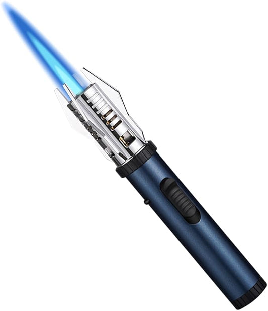 Torch Lighter, Camping Outdoor Windproof Straight Flame Lighter, Refillable Butane Lighter with Safety Lock and Adjustable Flame Size, for Outdoor BBQ Camping Kitchen Cooking (Blue)