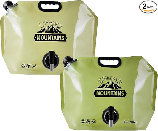 Collapsible 8L Water Storage Bag, BPA-Free Portable Folding Water Jug with Adjustable Faucet, Leakproof Emergency Water Bag for Camping, Hiking, Riding, Outdoor Sport 1green+1Beige