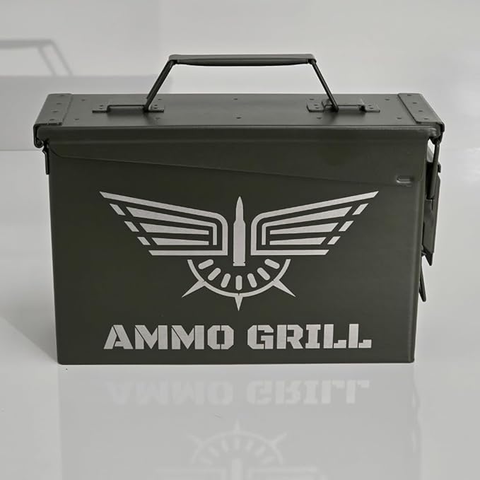 Ammo Can Grill – Field Cook Set | Portable Charcoal Grill Kit with 1" Cast Iron Pan, Cutting Board, Knife & Tongs | Fits in Ammo Can | Great for Camping, Tailgating, Outdoors