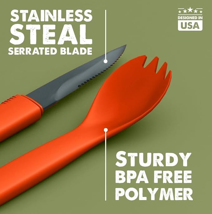 Tapirus Spork Tactical 2-pack Orange/Green | BPA Free Spork, Stainless Steel Knife and Fire Starter | 3 in 1 multipurpose utensil | Hiking, camping & backpacking gear | Fit for MRE