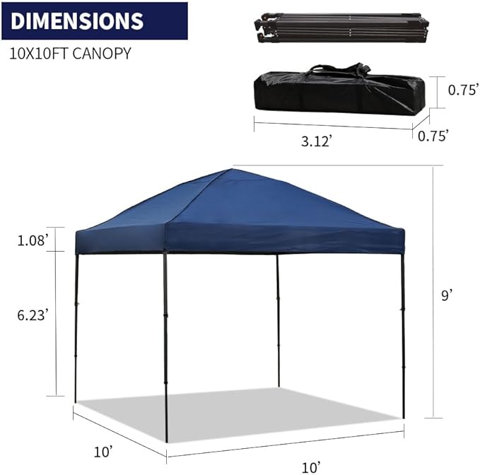 10x10 Pop Up Canopy Tent Outdoor Canopy Tent with Sand Bags Instant for Camping Beach Parties Backyard (Navy Blue)