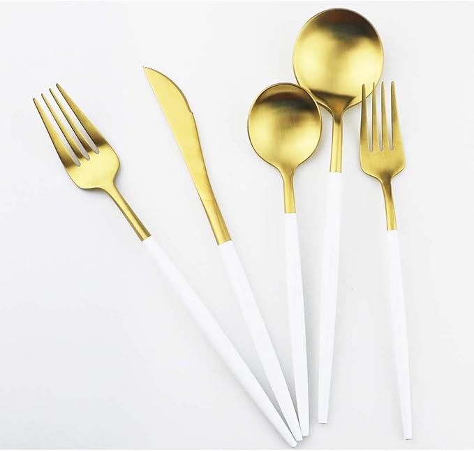 Gugrida White Gold Flatware, Royal 20 Piece Matte White Handle 18/10 Stainless Steel Tableware Sets for 4 Including Forks Spoons Knives, Camping Silverware Travel Utensils Set Cutlery (White Gold)