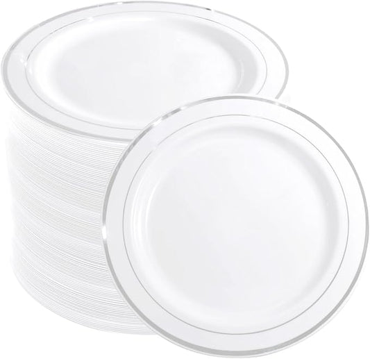 WELLIFE 144 Pieces Silver Plastic Dessert Plates, 7.5 inch Disposable Salad Plates, Premium White Appetizer Plates with Silver Rim, Ideal for Party, Wedding