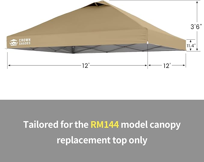 CROWN SHADES 12x12 Canopy Replacement Top - Only Compatible with Crown Shades RM144 Series, Silver Coated with Air Vent, Khaki (Top Only)