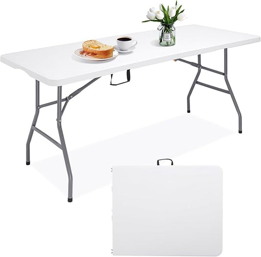 6 FT Folding Table for Indoor Outdoor, Portable Heavy Duty Folding Camping Tables for Eating, Fold-in-Half Plastic Dining Picnic Party Utility Card Table with Carrying Handle, 71x29 inch