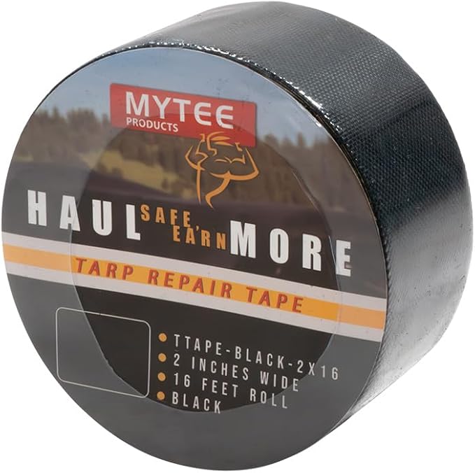 Mytee Products 8.8 oz Waterproof Black Vinyl Tarp Repair Tape 2 Inch x 16 FT with Heavy Duty Adhesive Backing - Tarp Patch Kit, Tarp Repair Kit