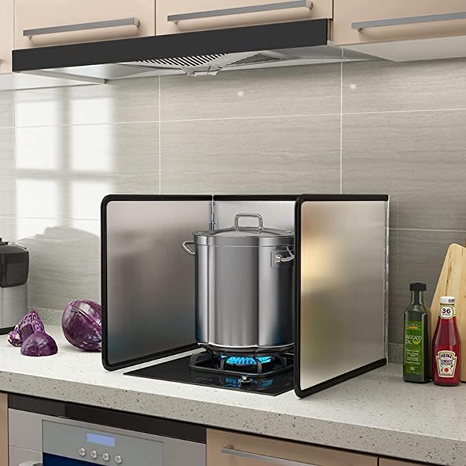 Splatter Guard for Frying Non-Stick 3 Sided Foldable Grease Splatter Screen Stainless Steel Backsplash Anti Splatter Shield Guard for Stove Screen Protector for Frying Stove Top Wall L ANGINORLD