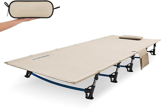 FUNDANGO Ultralight Folding Camping Cot, Extra Long Backpacking Camping Cots for Adults Portable Cot Bed for Hiking Travel Home Mountaineering, Beige
