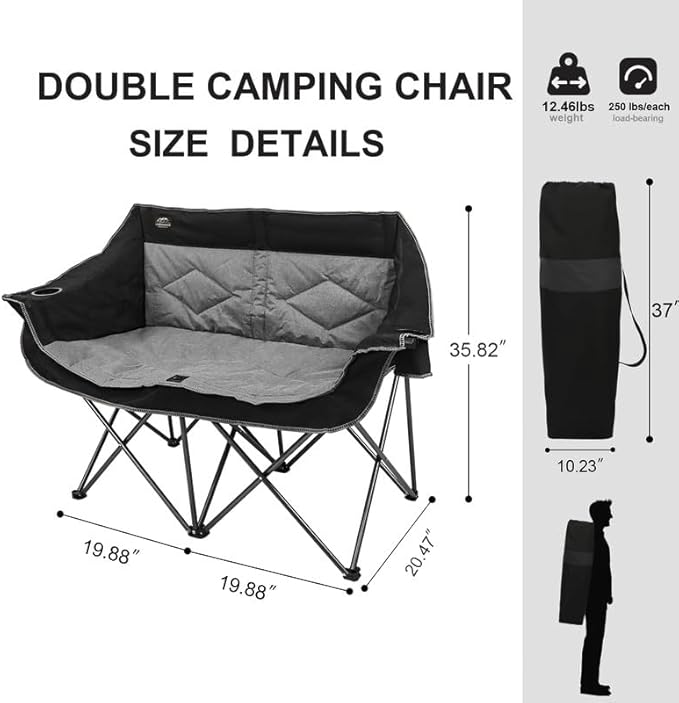 Folding Loveseat Camping Chair,Portable Double Chair w/Cup Holder,Wine Glass Holder,Carry Bag Heavy Duty Lawn Chair for 2 Adults,Perfect for Camp,Hiking,Picnics and Beach Trips,Black