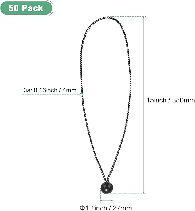 50-Pack Ball Bungee Cords, 15 Inch High Elastic Canopy Tarp Tie Down Bungee Balls for Camping/Tent/Cargo Holding Wire Hoses/Patio Umbrellas/Shelter [Black White]