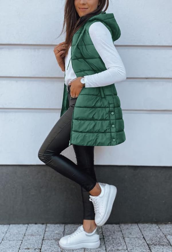 Veatzaer Women Long Vest Solid Color Sleeveless Hood Winter Puffer Vest Outwear