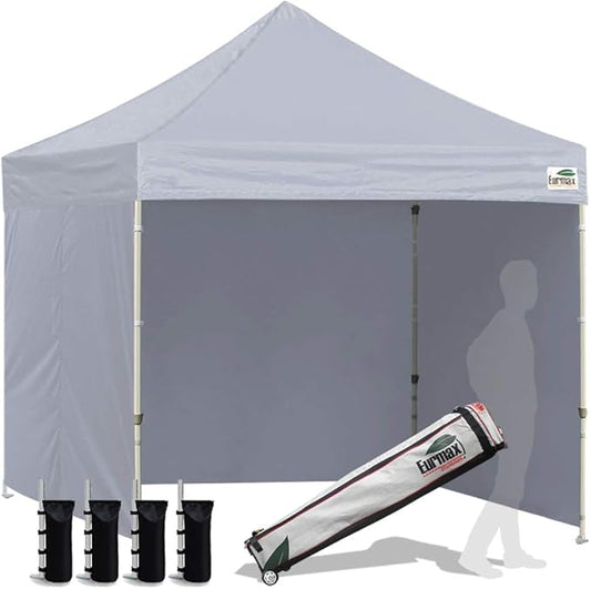 Eurmax USA 8'x8' Pop-up Canopy Tent Commercial Instant Canopies with 4 Removable Zipper End Side Walls and Roller Bag, Bonus 4 SandBags(Gray)