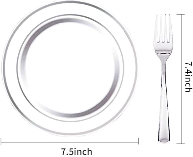 Nervure 204PCS Silver Plastic Plastes - 102PCS Disposable Silver Dessert Plates with 102PCS Plastic Forks Perfect for Salads, Desserts, Catering, Wedding & Parties