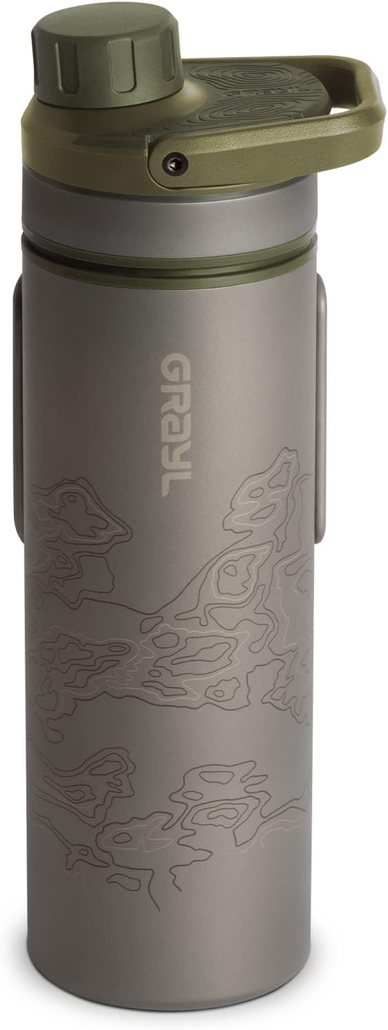 GRAYL UltraPress Titanium 16.9 oz Water Purifier & Filter Bottle for Hiking, Backpacking, Survival, Bushcraft, Travel (Olive Drab)