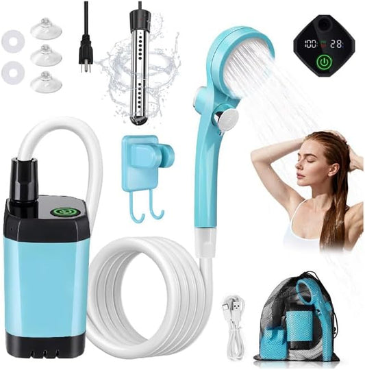 Portable Camping Shower with Heater, 6000mAh Rechargeable Portable Shower with 2000W Immersion Heater, LED Display, Heated Camping Shower for Travel, Hiking, Car, Pet