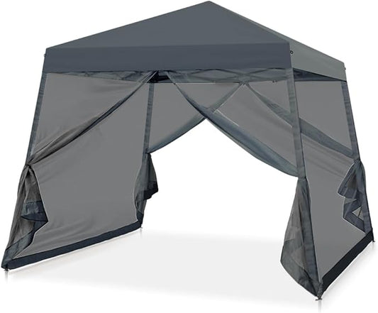 EAGLE PEAK 10x10 Slant Leg Easy Setup Pop Up Canopy Tent with Mosquito Netting 64 sqft of Shade, Gray