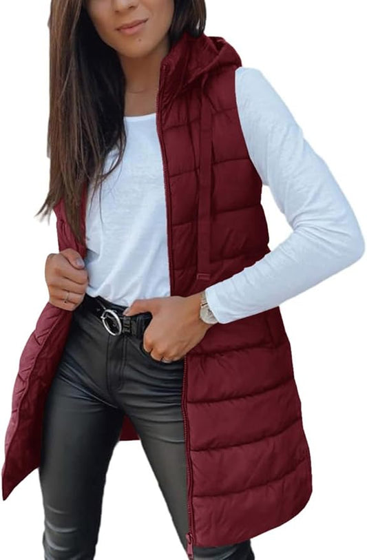 Veatzaer Women Long Vest Solid Color Sleeveless Hood Winter Puffer Vest Outwear