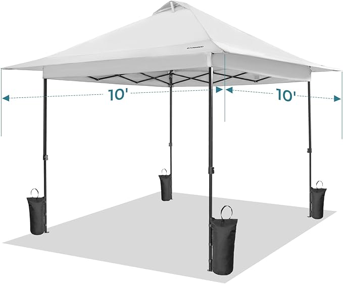 FUNDANGO 10x10 Pop Up Canopy, Beach Tent with Patent Quick Open Frame, Silver Coated Top& Wheeled Carry Bag, Easy Outdoor Sun Shade for Events, Parties, Camping（White