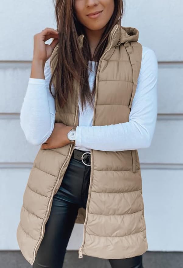 Veatzaer Women Long Vest Solid Color Sleeveless Hood Winter Puffer Vest Outwear