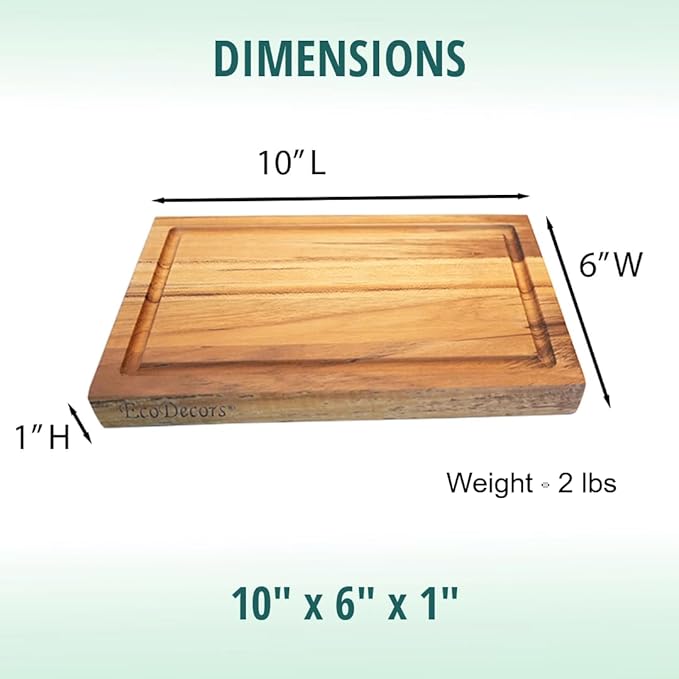EcoDecors, Teak Cutting Board 10"x6", Reversible Compact Teak Wood Edge Grain Cutting Board with Juice Groove, Small Wooden Board for Bar, Garnish, Snack, Cheese, or Gift, FSC Certified
