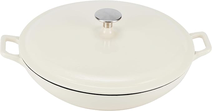 Amazon Basics Enameled Cast Iron Covered Round Casserole Skillet with Lid for Oven, 3.3-Quart, White