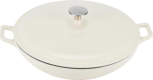 Amazon Basics Enameled Cast Iron Covered Round Casserole Skillet with Lid for Oven, 3.3-Quart, White