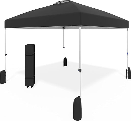 10x10 Pop Up Canopy - Instant Setup Beach Tent with Wheeled Carry Bag, 8 Sandbags & 4 Guy Lines - Portable Sun Shade for Camping, Events, Silver Coated Top, Black