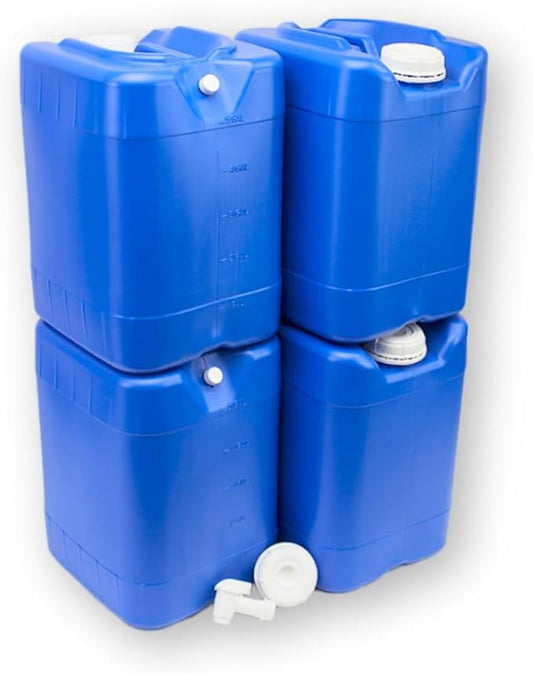 5-Gallon Stackable Water Storage Containers, w/Lids + Spigot, Easy Fill, Survial Supply, Emergency Water Storage for Camping and Disaster Preparedness, RV, Camping, 20 Gallon