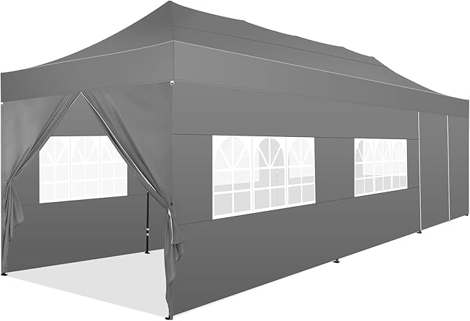 COBIZI 10x30 Pop Up Canopy with 8 Sidewall,Heavy Duty UPF 50+ All Season Wind Waterproof Commercial Outdoor Wedding Party Tents for Parties Canopy Gazebo with Roller Bag(10 x 30 ft Gray)