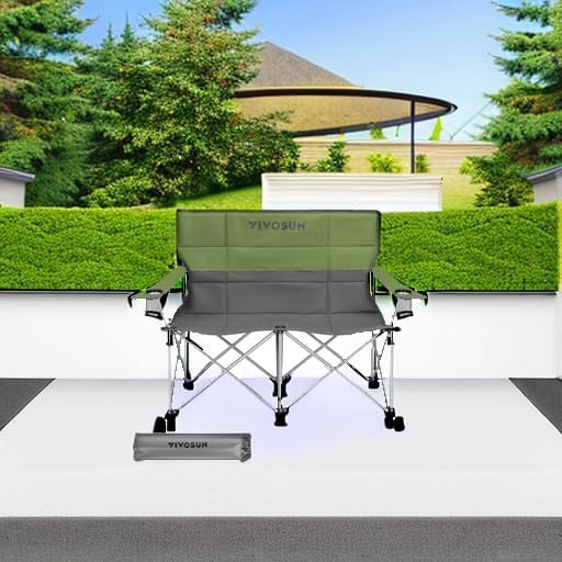 [outlets]VIVOSUN Double Camping Chair, Fully Padded Folding Loveseat, Portable Oversized Duo Chair with Storage Cup Holders, Height-adjustable Armrests & Carry Bag, Supports up to 500lbs, Green & Grey