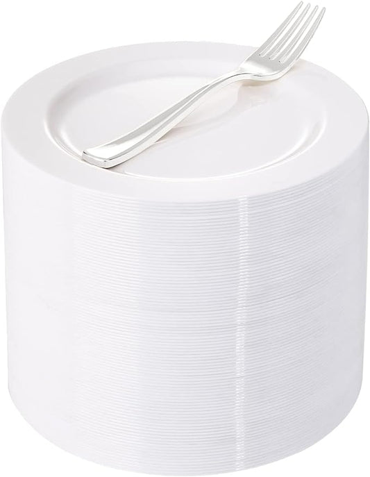 WELLIFE 100 Pieces White Plastic Dessert Plates with 100pcs Silver Disposable Forks, Premium Hard Salad Plate 7.5”, Appetizer Plastic Plates for Wedding, Party