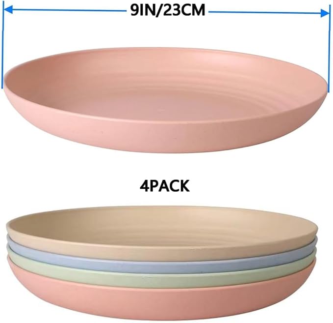 Lchkrep Unbreakable Wheat Straw Plates 9 Inch, Reusable Lightweight Deep Plates Dinner Dishes Plastic Plates Microwave Safe Dinnerware for Adult, BPA-Free Cereal plates 4 Pcs