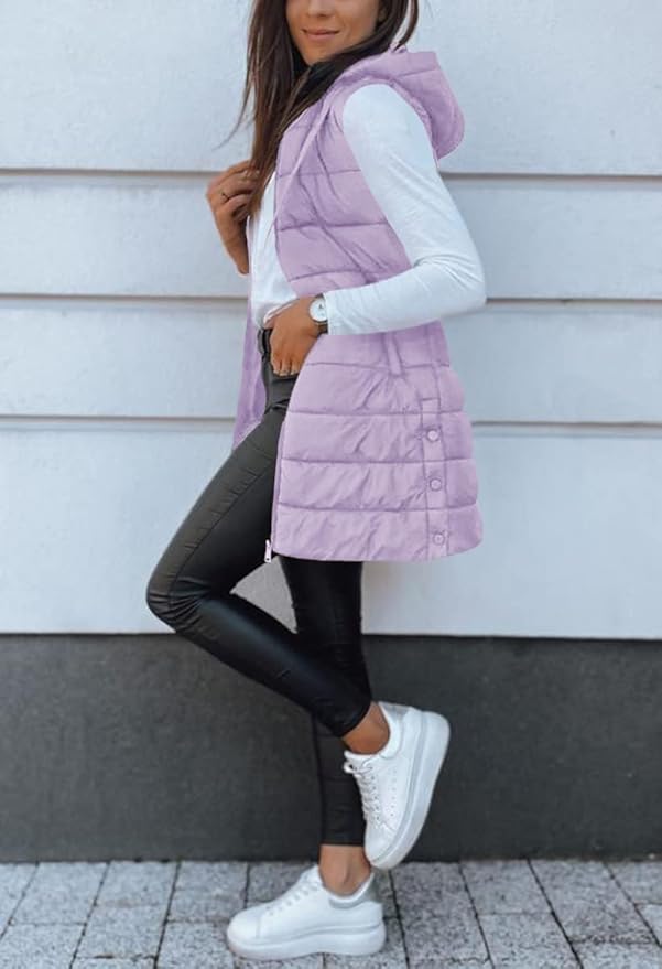 Veatzaer Women Long Vest Solid Color Sleeveless Hood Winter Puffer Vest Outwear