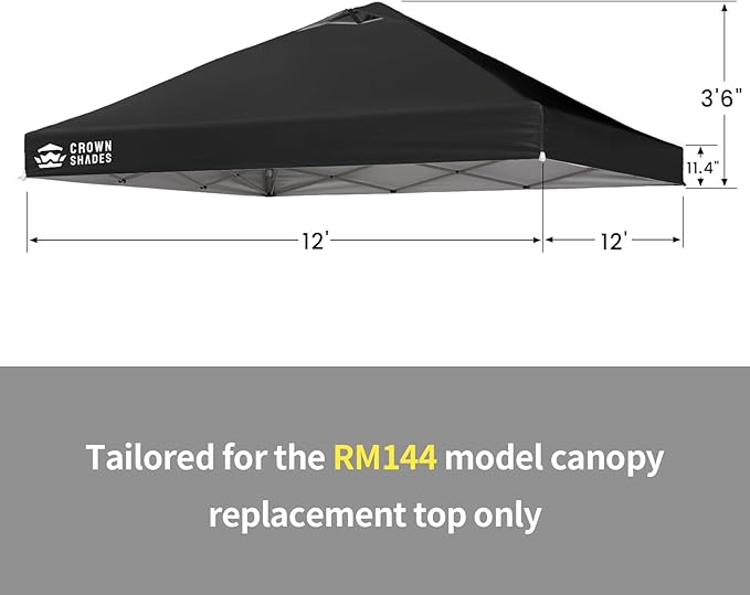 CROWN SHADES 12x12 Canopy Replacement Top - Only Compatible with Crown Shades RM144 Series, Silver Coated with Air Vent, Black (Top Only)