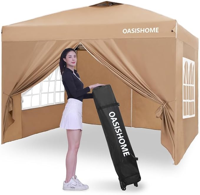 OASISHOME Pop-up Gazebo Instant Portable Canopy Tent 10'x10', Bag, for Patio/Outdoor/Wedding Parties and Events (Khaki, 10X10)
