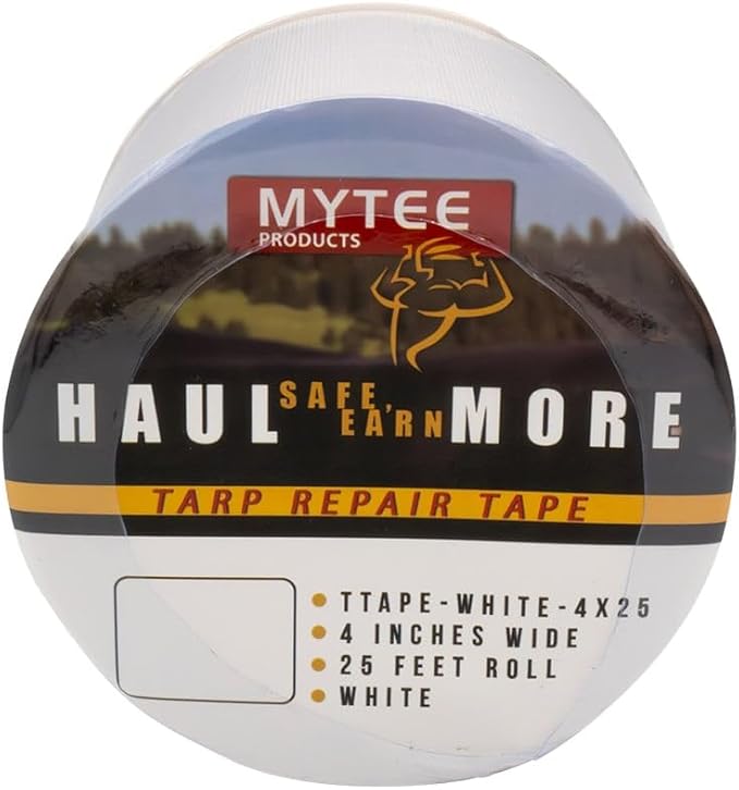Mytee Products 8.8 oz Waterproof White Vinyl Tarp Repair Tape 4 Inch x 25 FT with Heavy Duty Adhesive Backing - Tarp Repair Kit