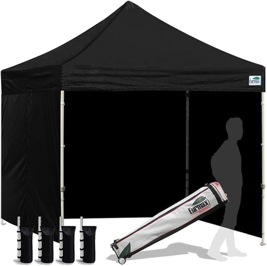 Eurmax USA 8'x8' Pop-up Canopy Tent Commercial Instant Canopies with 4 Removable Zipper End Side Walls and Roller Bag, Bonus 4 SandBags(Black)