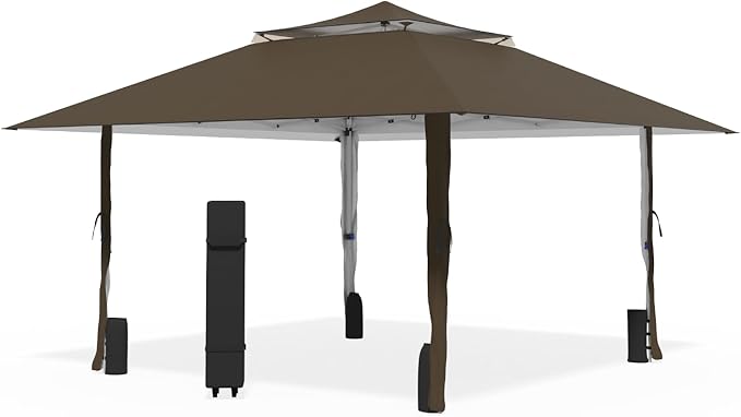 Favofamilie13x13 FT Pop Up Canopy, Instant Setup Gazebo with Wheeled Carry Bag, 4 Sandbags & 4 Ropes, UV-Resistant Top, Heavy Duty Outdoor Shelter for Backyard Camping Events, Brown