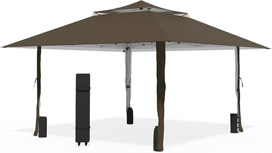 Favofamilie13x13 FT Pop Up Canopy, Instant Setup Gazebo with Wheeled Carry Bag, 4 Sandbags & 4 Ropes, UV-Resistant Top, Heavy Duty Outdoor Shelter for Backyard Camping Events, Brown