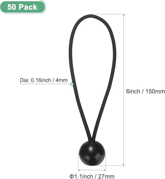 50-Pack Ball Bungee Cords, 6 Inch High Elastic Canopy Tarp Tie Down Bungee Balls for Camping/Tent/Cargo Holding Wire Hoses/Patio Umbrellas/Shelter [Black]